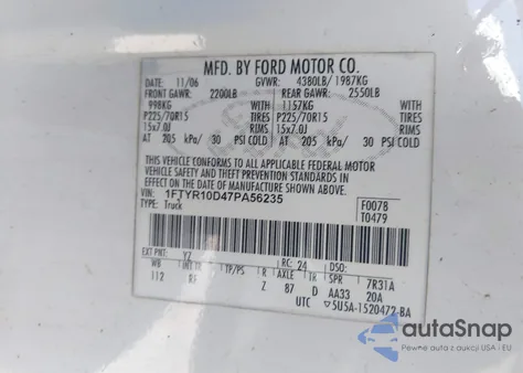 2007 Ford Ranger Stx/Xl/Xlt z USA, uszkodzony, nr VIN 1FTYR10D47PA56235